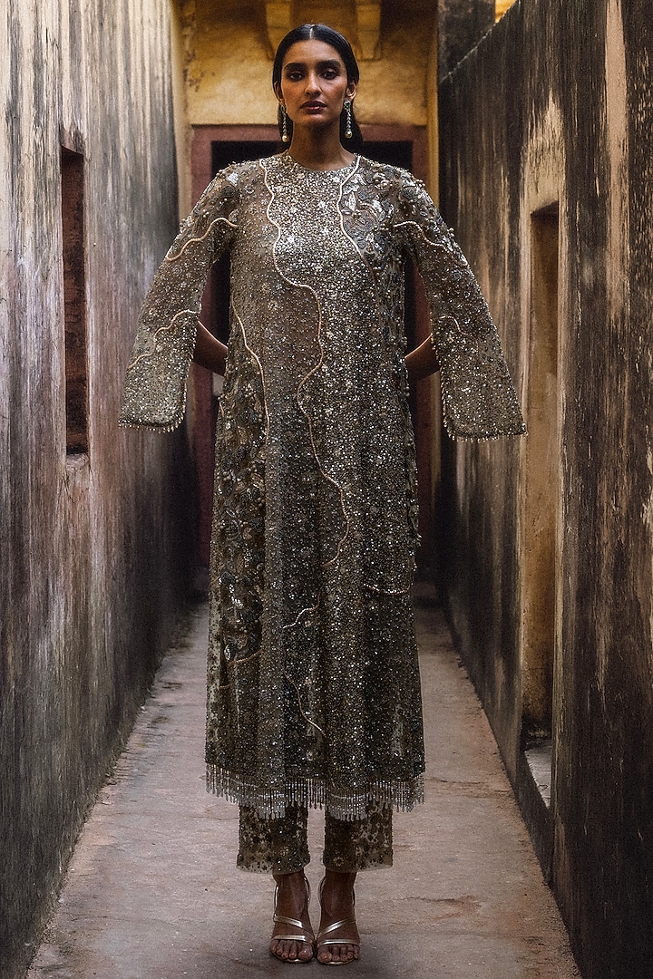 Beige Net Hand Embroidered Kurta Set by Jayanti Reddy at Pernia's Pop Up Shop