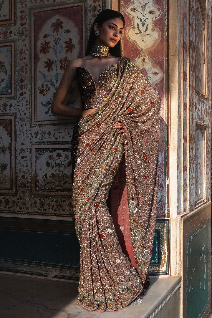 Pastel Peach Georgette Sequins Embroidered Bridal Saree Set by Jayanti Reddy at Pernia's Pop Up Shop