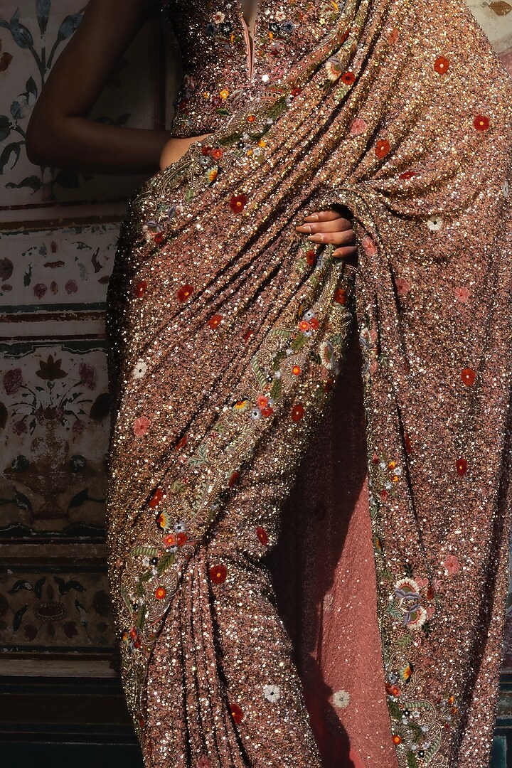 Pastel Peach Georgette Sequins Embroidered Bridal Saree Set by Jayanti Reddy at Pernia's Pop Up Shop