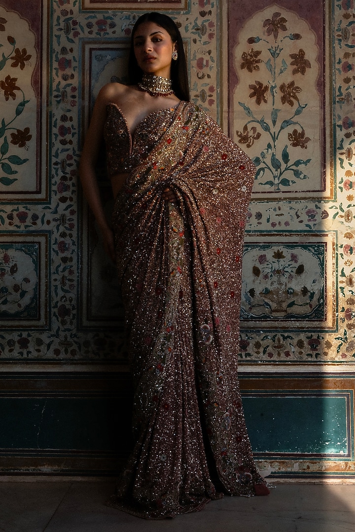 Pastel Peach Georgette Sequins Embroidered Bridal Saree Set by Jayanti Reddy at Pernia's Pop Up Shop