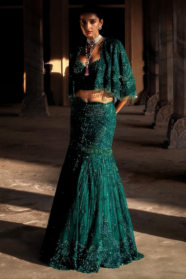 Green Net Hand Embroidered Cape Bridal Lehenga Set by Jayanti Reddy at Pernia's Pop Up Shop