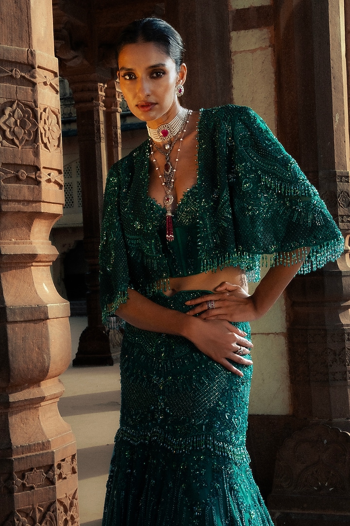 Green Net Hand Embroidered Cape Bridal Lehenga Set by Jayanti Reddy at Pernia's Pop Up Shop