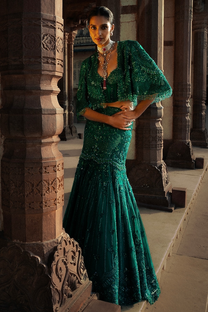 Green Net Hand Embroidered Cape Bridal Lehenga Set by Jayanti Reddy at Pernia's Pop Up Shop