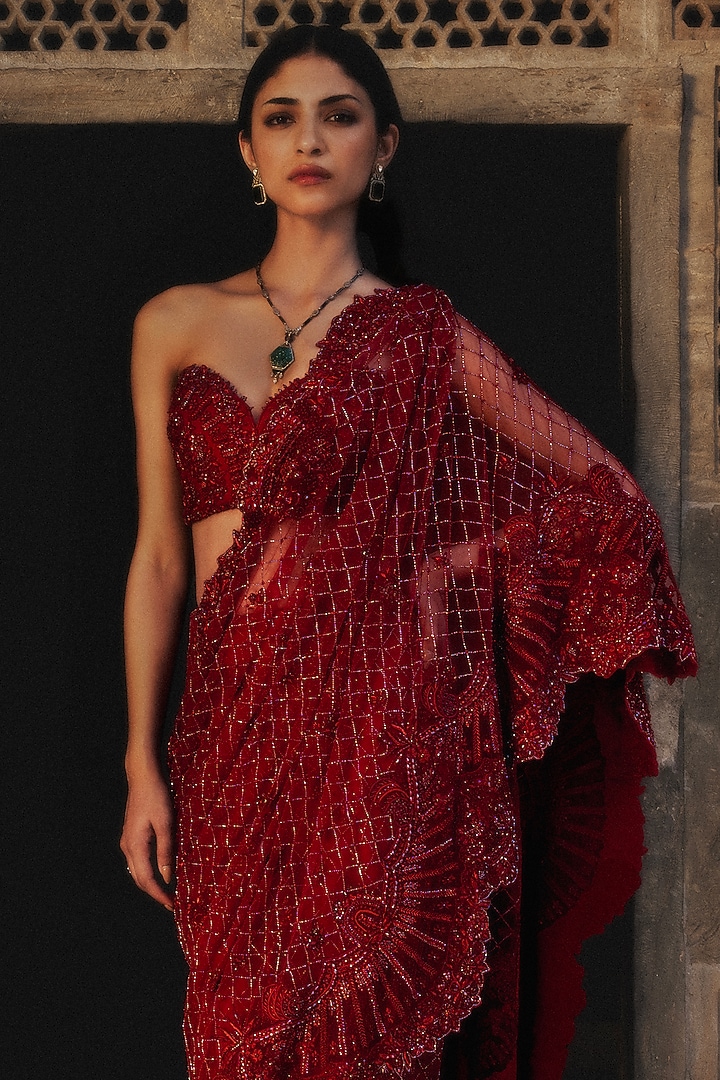 Red Net Thread Hand Embroidered Bridal Saree Set by Jayanti Reddy at Pernia's Pop Up Shop