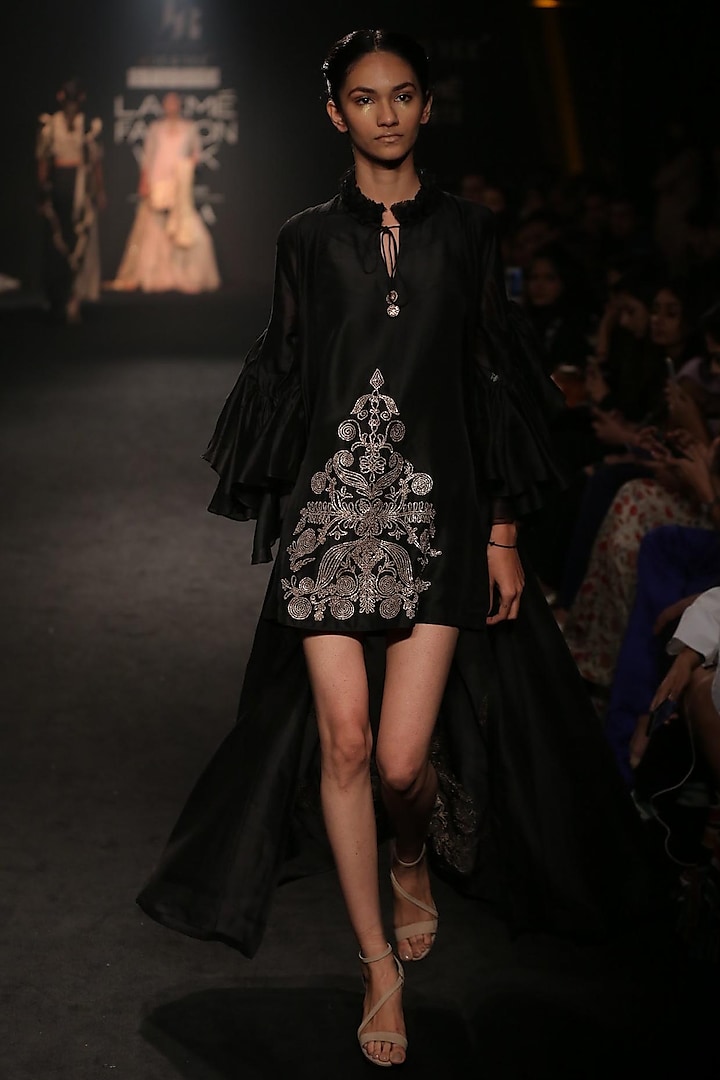 Black Embroidered Short Dress and Jacket Set by Jayanti Reddy
