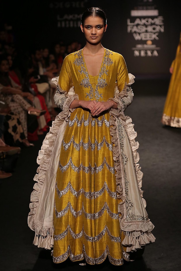 Mustard Yellow Scallop Embroidered Maxi Gown by Jayanti Reddy