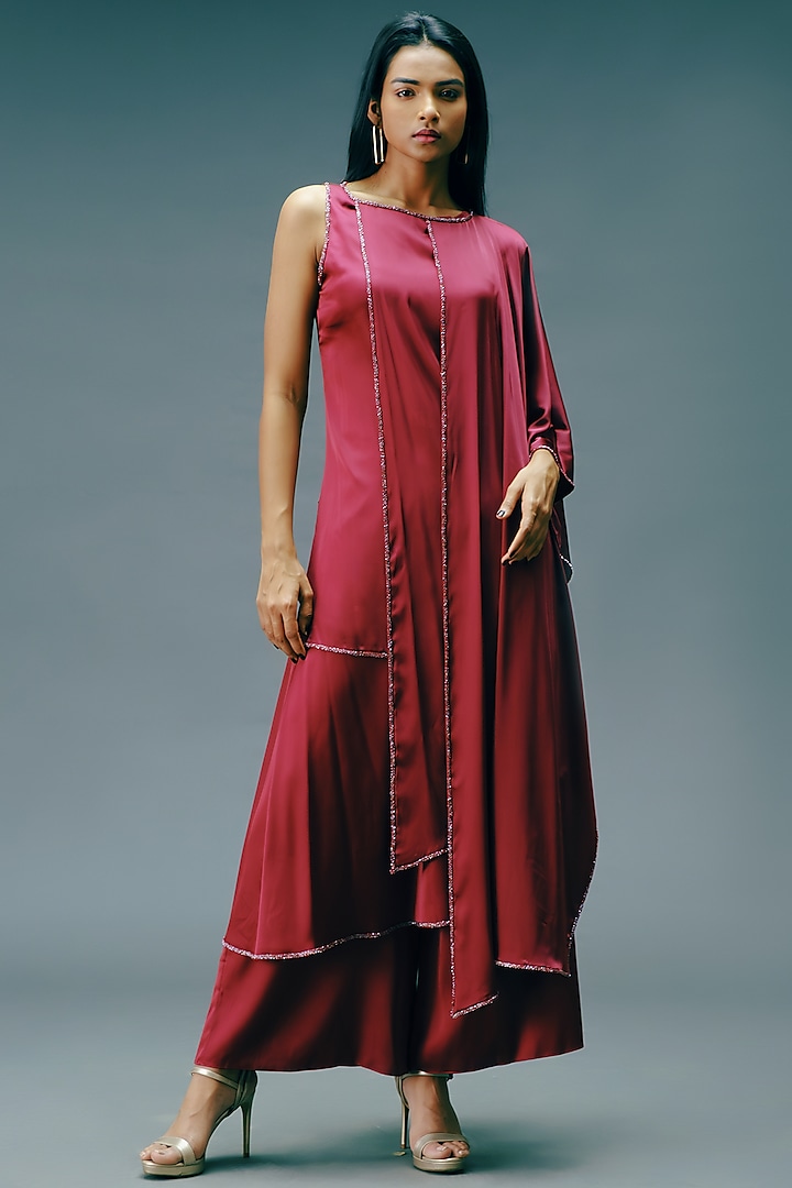 Pomegranate Crepe Satin Flared Pant Set by Jewellyn Alvares