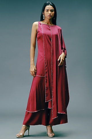 Pomegranate Crepe Satin Flared Pant Set by Jewellyn Alvares