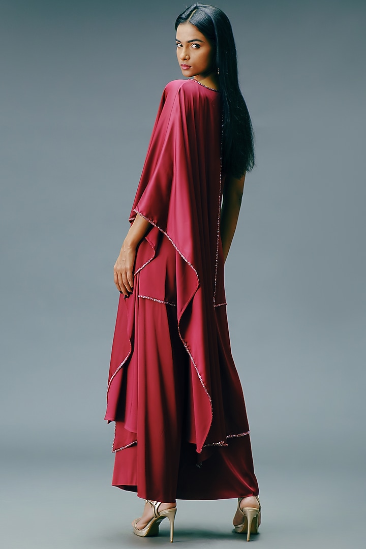 Pomegranate Crepe Satin Flared Pant Set by Jewellyn Alvares at Pernia's Pop Up Shop