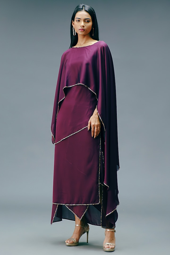 Burgundy Dupion Georgette Layered Dress by Jewellyn Alvares