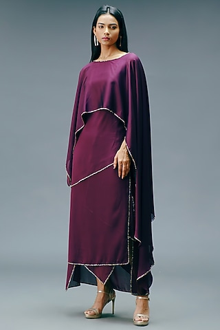 Burgundy Dupion Georgette Layered Dress by Jewellyn Alvares