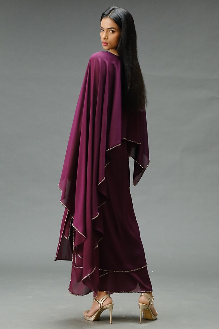 Burgundy Dupion Georgette Layered Vacation Dress by Jewellyn Alvares at Pernia's Pop Up Shop