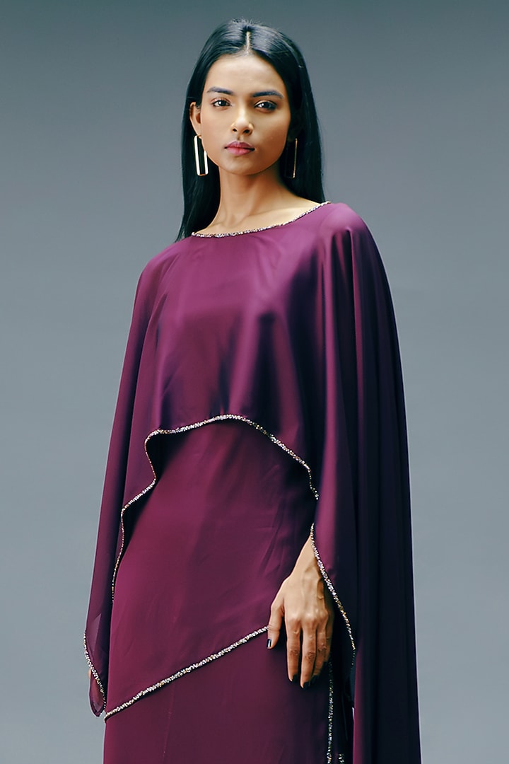 Burgundy Dupion Georgette Layered Vacation Dress by Jewellyn Alvares at Pernia's Pop Up Shop