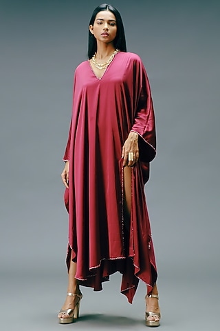 Pomegranate Crepe Satin Kaftan Dress by Jewellyn Alvares