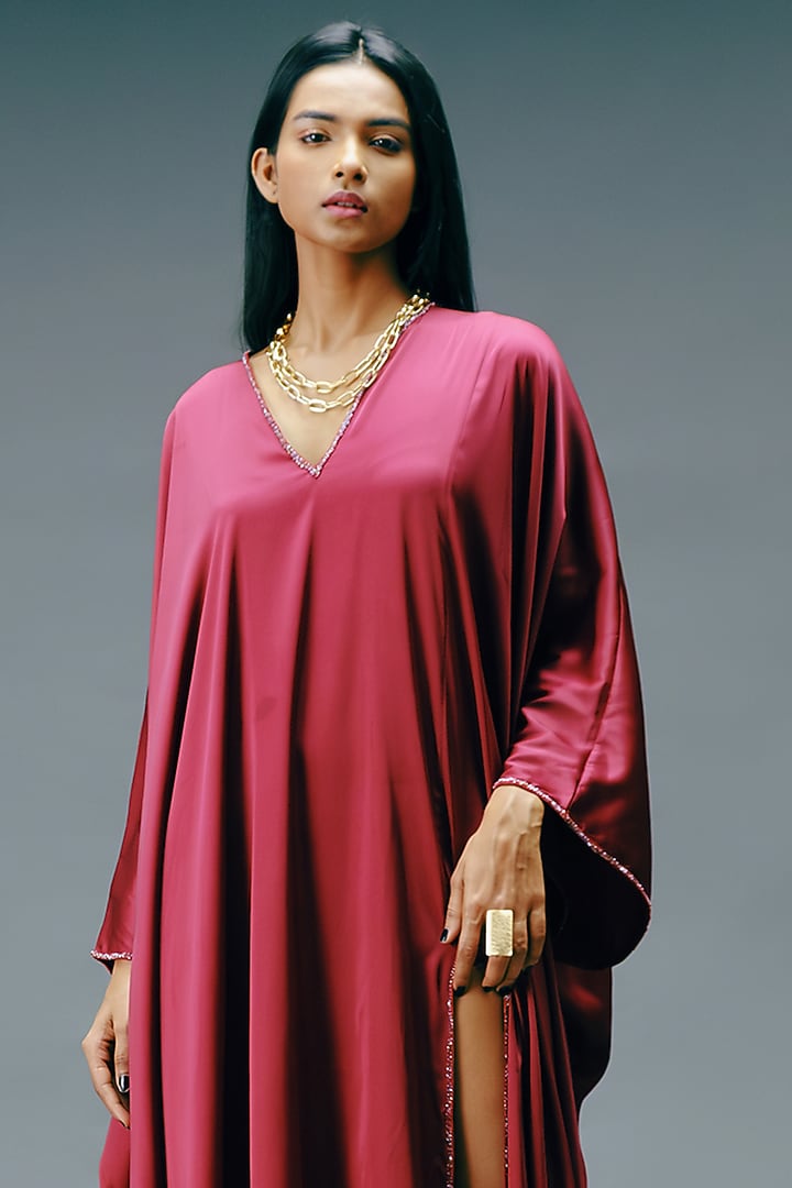 Pomegranate Crepe Satin Kaftan Dress by Jewellyn Alvares at Pernia's Pop Up Shop
