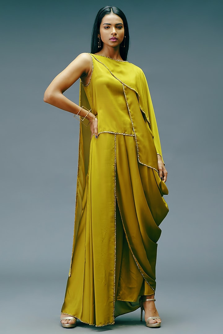 Green Dupion Georgette Draped Co-Ord Set by Jewellyn Alvares
