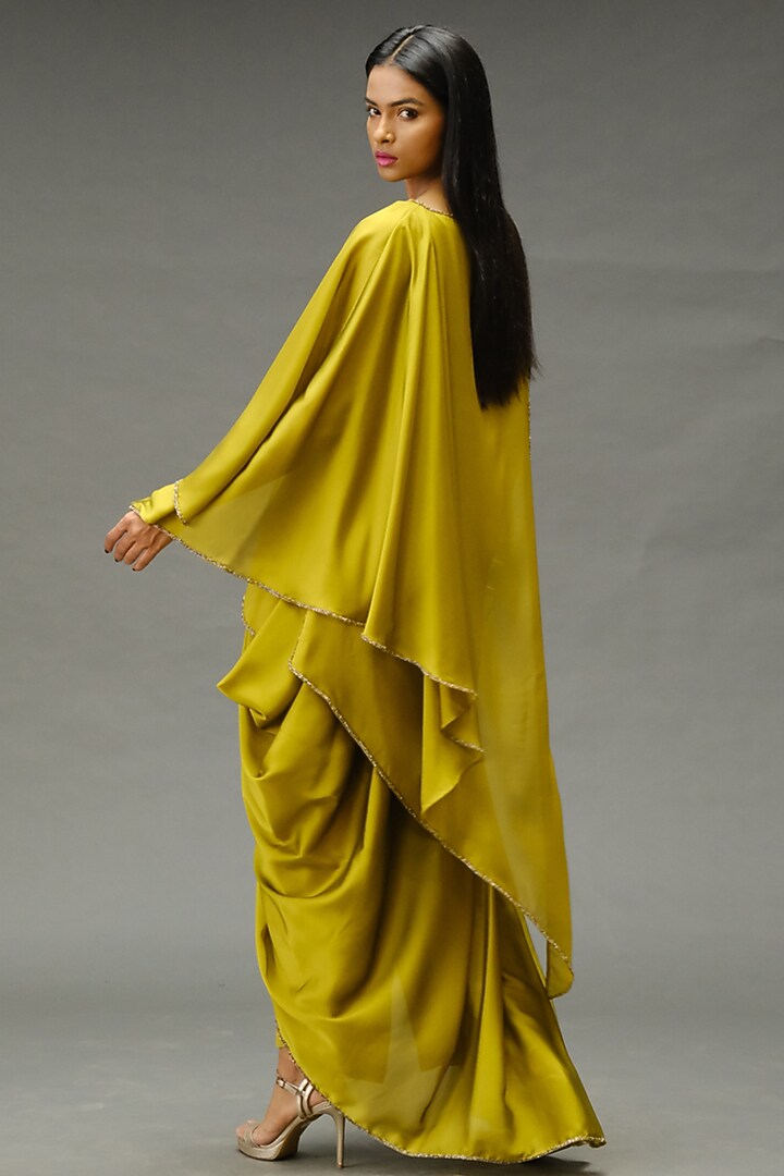 Green Dupion Georgette Draped Co-Ord Set by Jewellyn Alvares at Pernia's Pop Up Shop