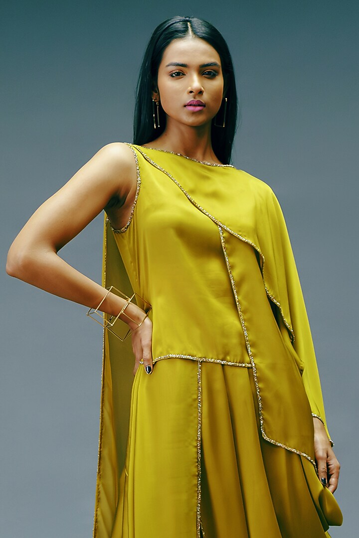 Green Dupion Georgette Draped Co-Ord Set by Jewellyn Alvares at Pernia's Pop Up Shop