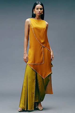 Mustard Dupion Georgette Co-Ord Set by Jewellyn Alvares