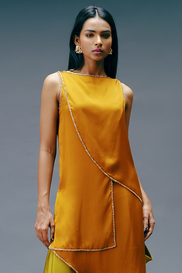 Mustard Dupion Georgette Co-Ord Set by Jewellyn Alvares at Pernia's Pop Up Shop