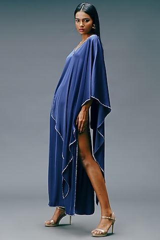 Dusk Blue Crepe Satin Column Dress by Jewellyn Alvares