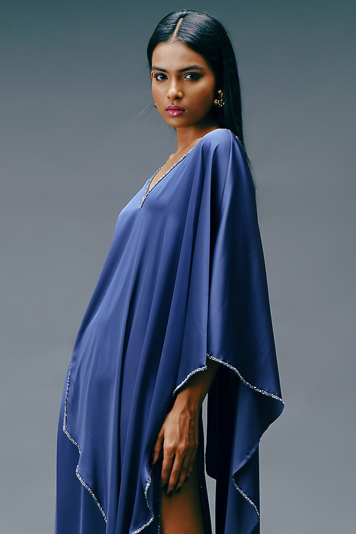 Dusk Blue Crepe Satin Column Summer Dress by Jewellyn Alvares at Pernia's Pop Up Shop