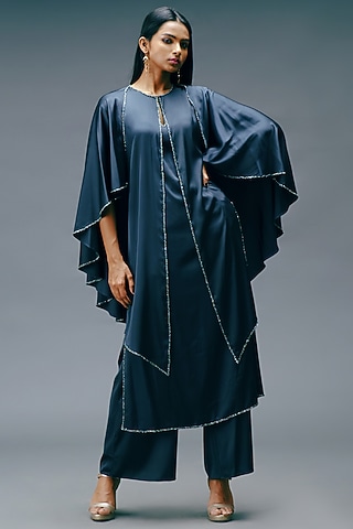 Stone Green Crepe Satin Wide-Legged Pant Set by Jewellyn Alvares