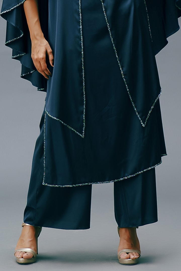 Stone Green Crepe Satin Wide-Legged Pant Set by Jewellyn Alvares at Pernia's Pop Up Shop