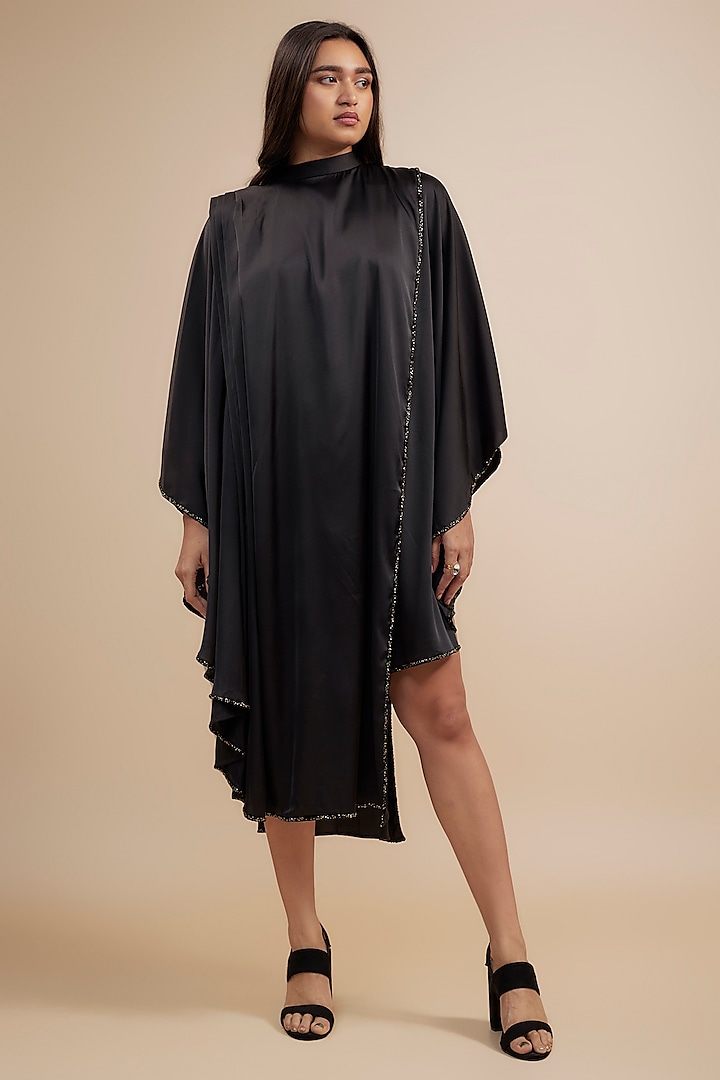 Black Crepe Satin Embroidered Asymmetrical Draped Dress by Jewellyn Alvares at Pernia's Pop Up Shop