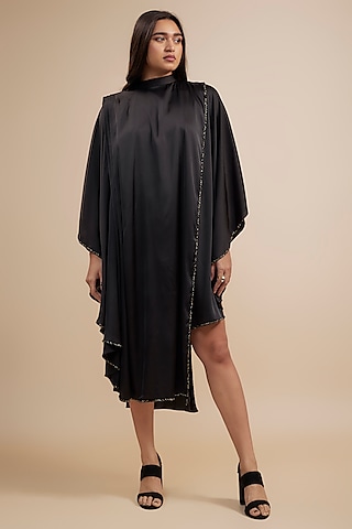 Black Crepe Satin Embroidered Asymmetrical Draped Dress by Jewellyn Alvares