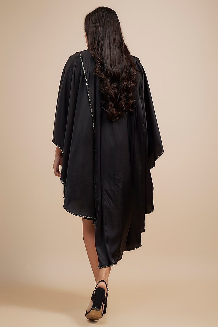 Black Crepe Satin Embroidered Asymmetrical Draped Summer Dress by Jewellyn Alvares at Pernia's Pop Up Shop