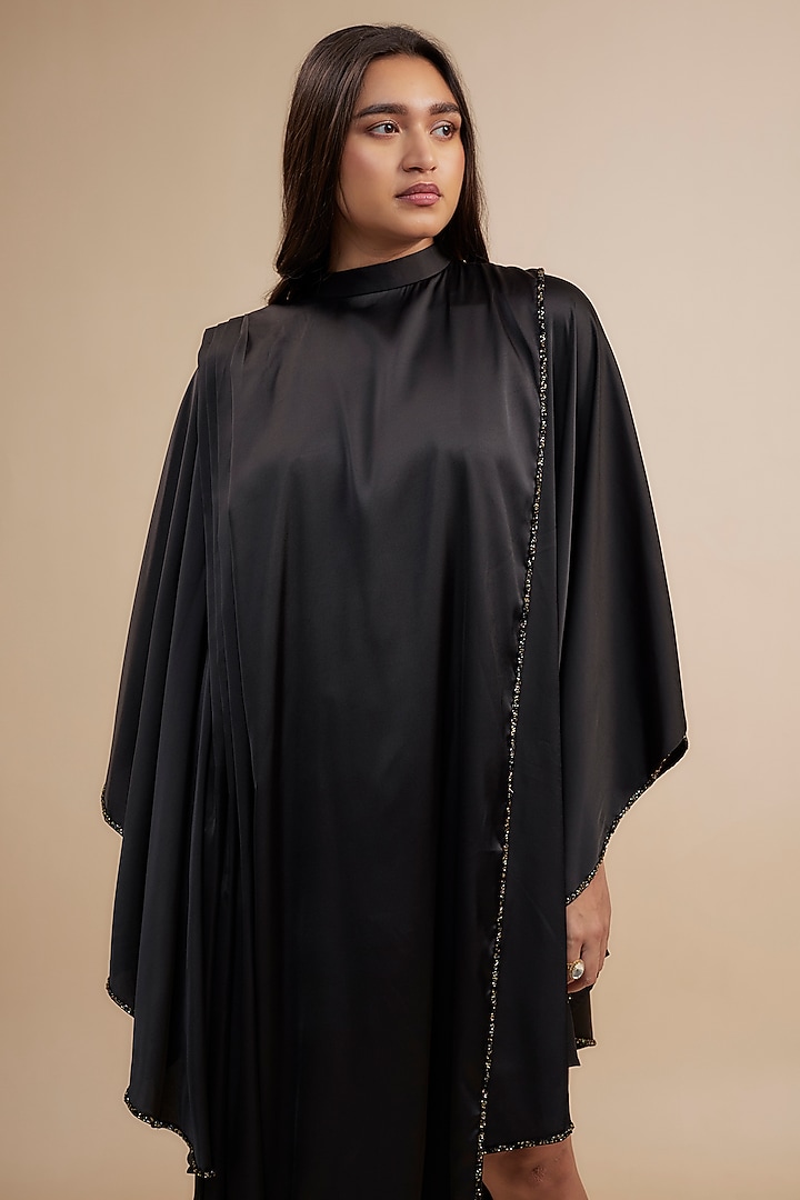 Black Crepe Satin Embroidered Asymmetrical Draped Summer Dress by Jewellyn Alvares at Pernia's Pop Up Shop