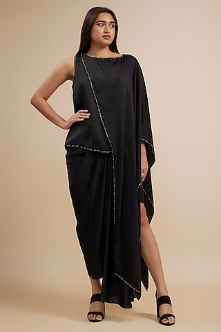 Black Crepe Satin Skirt Set by Jewellyn Alvares