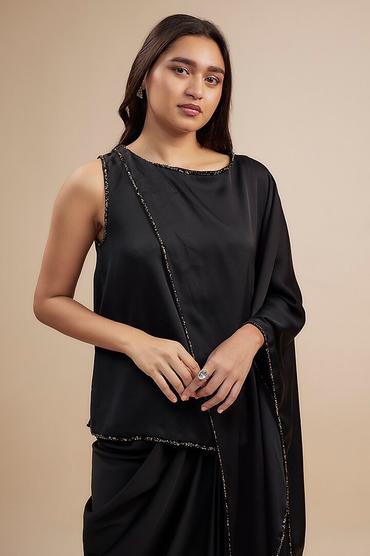 Black Crepe Satin Skirt Set by Jewellyn Alvares at Pernia's Pop Up Shop