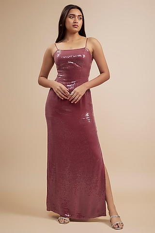 Red Sequins Georgette Gown by Jewellyn Alvares