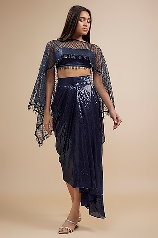 Navy Blue Sequined Tulle Cape Set by Jewellyn Alvares