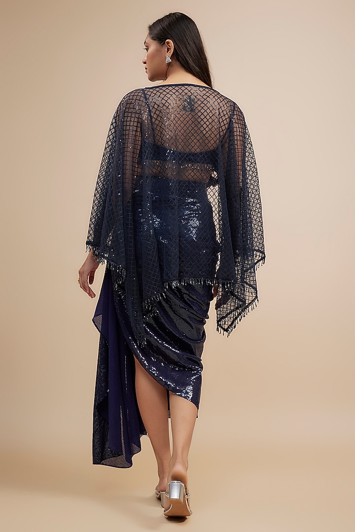 Navy Blue Sequined Tulle Cape Set by Jewellyn Alvares at Pernia's Pop Up Shop