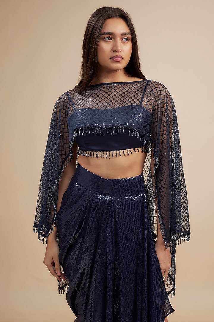 Navy Blue Sequined Tulle Cape Set by Jewellyn Alvares at Pernia's Pop Up Shop