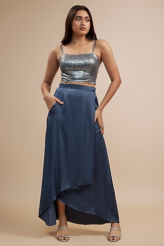 Grey-Blue Crepe Satin Wrap-Around Skirt Set by Jewellyn Alvares