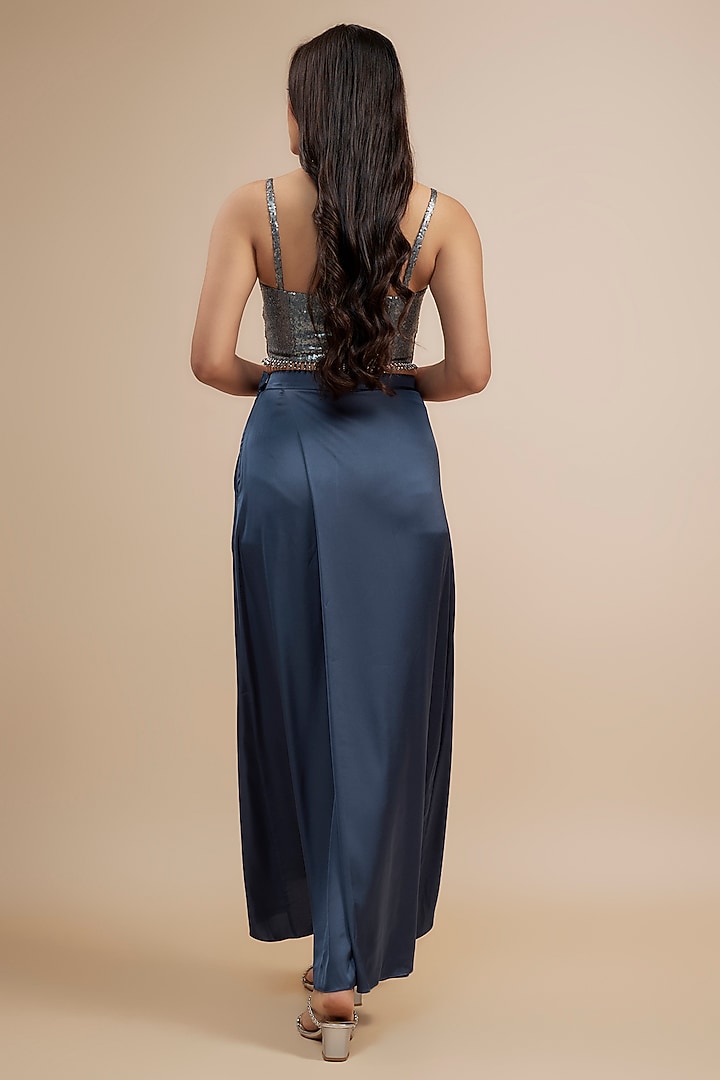 Grey-Blue Crepe Satin Wrap-Around Skirt Set by Jewellyn Alvares at Pernia's Pop Up Shop
