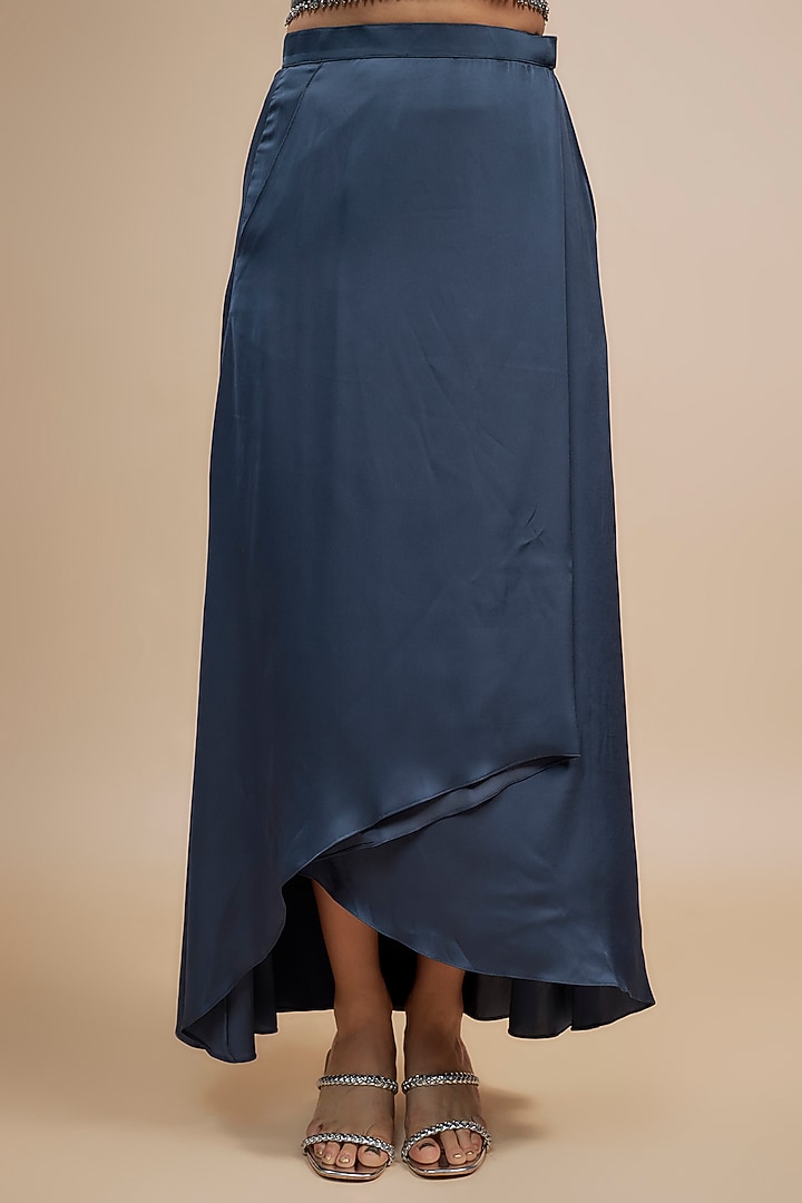 Grey-Blue Crepe Satin Wrap-Around Skirt Set by Jewellyn Alvares at Pernia's Pop Up Shop