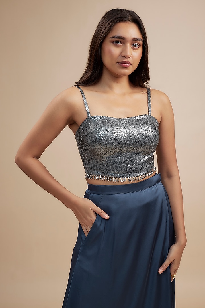 Grey-Blue Crepe Satin Wrap-Around Skirt Set by Jewellyn Alvares at Pernia's Pop Up Shop