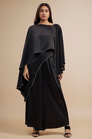 Black Crepe Satin Skirt Set by Jewellyn Alvares