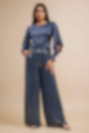 Blue Sequins Georgette Palazzo Pant Set by Jewellyn Alvares at Pernia's Pop Up Shop