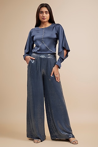 Blue Sequins Georgette Palazzo Pant Set by Jewellyn Alvares
