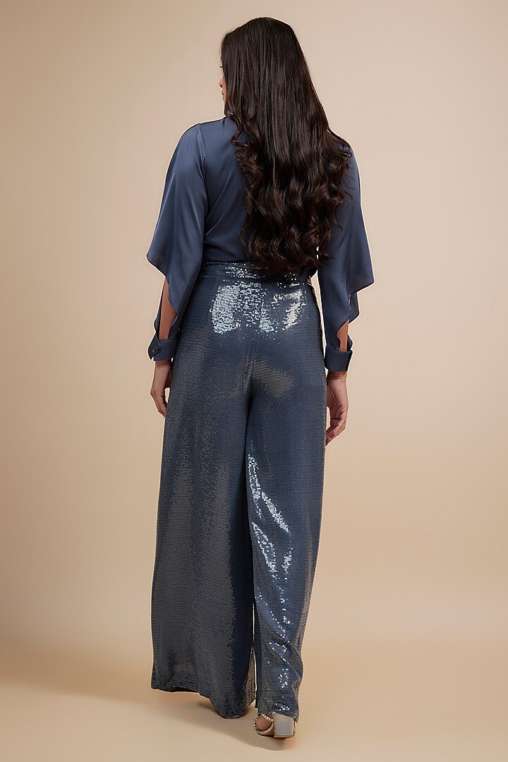 Blue Sequins Georgette Palazzo Pant Set by Jewellyn Alvares at Pernia's Pop Up Shop