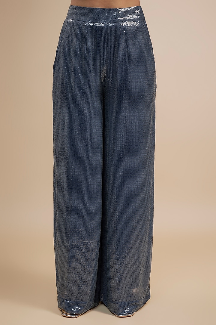 Blue Sequins Georgette Palazzo Pant Set by Jewellyn Alvares at Pernia's Pop Up Shop