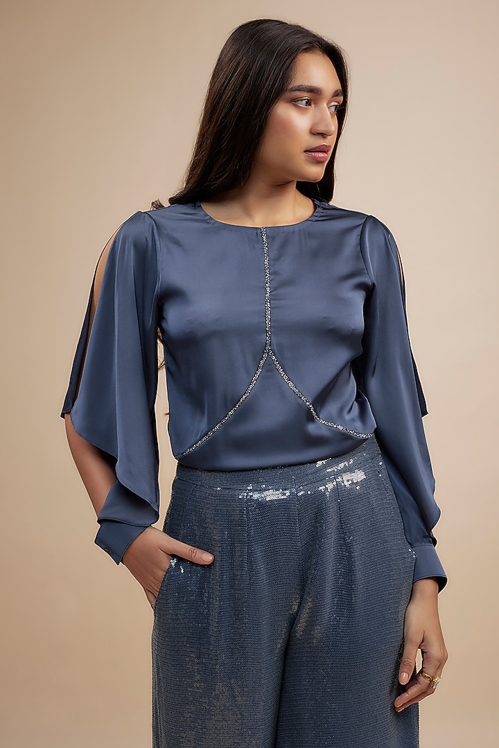 Blue Sequins Georgette Palazzo Pant Set by Jewellyn Alvares at Pernia's Pop Up Shop