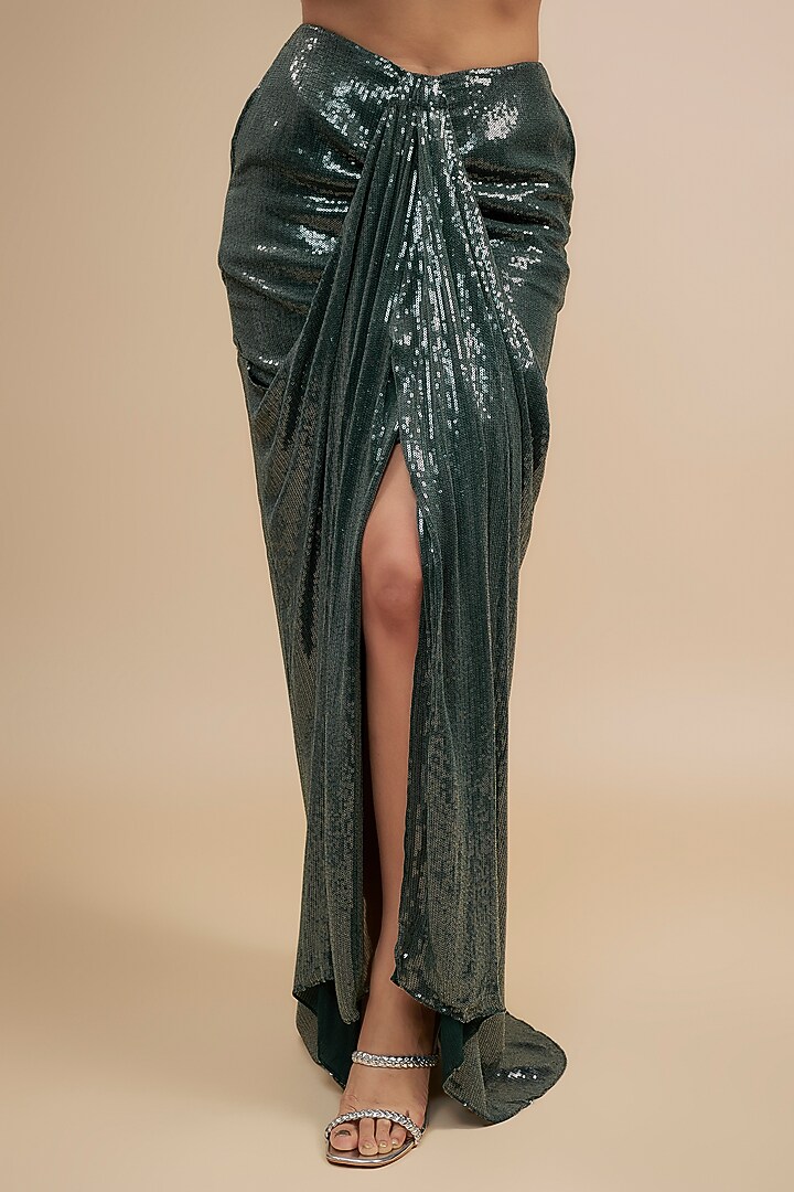 Green Sequins Georgette Skirt Set by Jewellyn Alvares at Pernia's Pop Up Shop