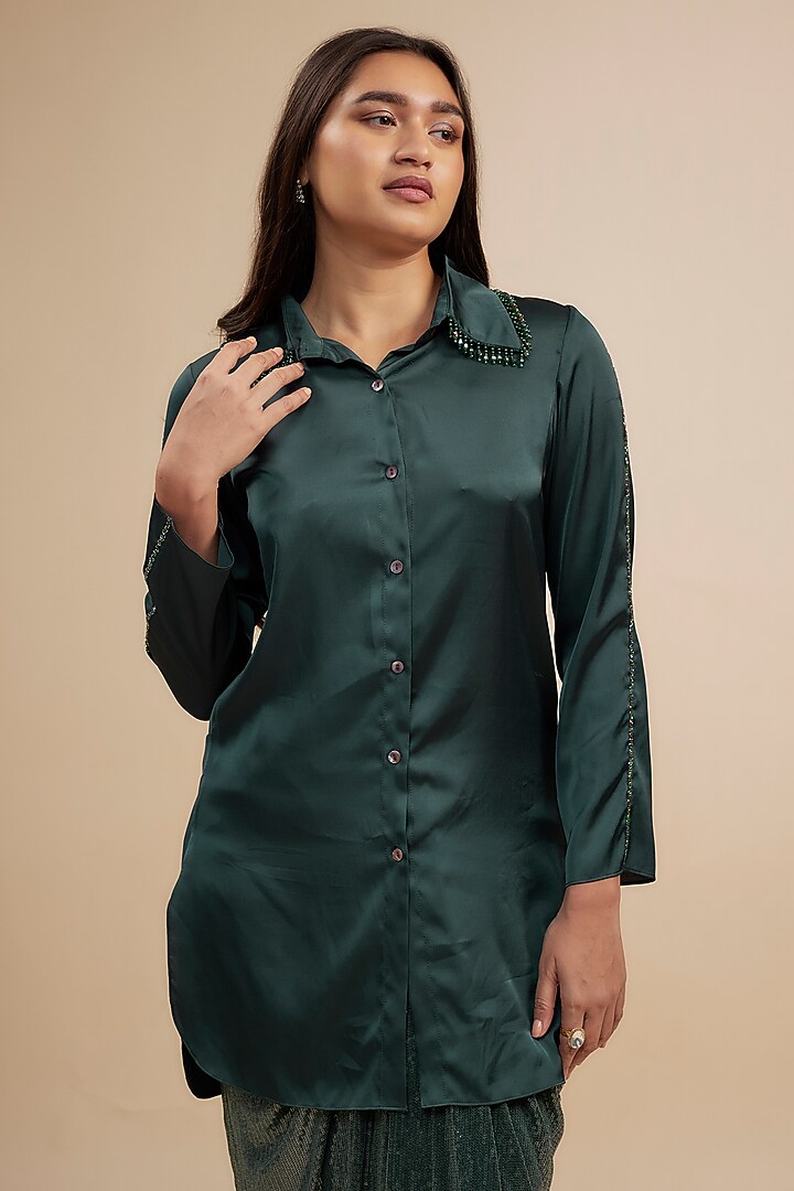 Green Sequins Georgette Skirt Set by Jewellyn Alvares at Pernia's Pop Up Shop